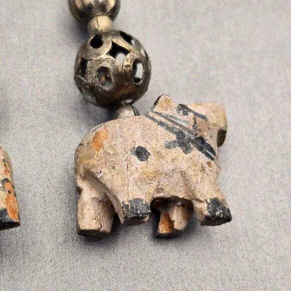 VTG Elephant Dangle Earrings 2.25" Carved Wood & Antique-Style Silver Beads - Picture 5 of 11